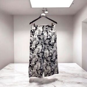 Tahari 100% Linen Wide Leg Crop Floral Print Pants Elastic Waist Medium